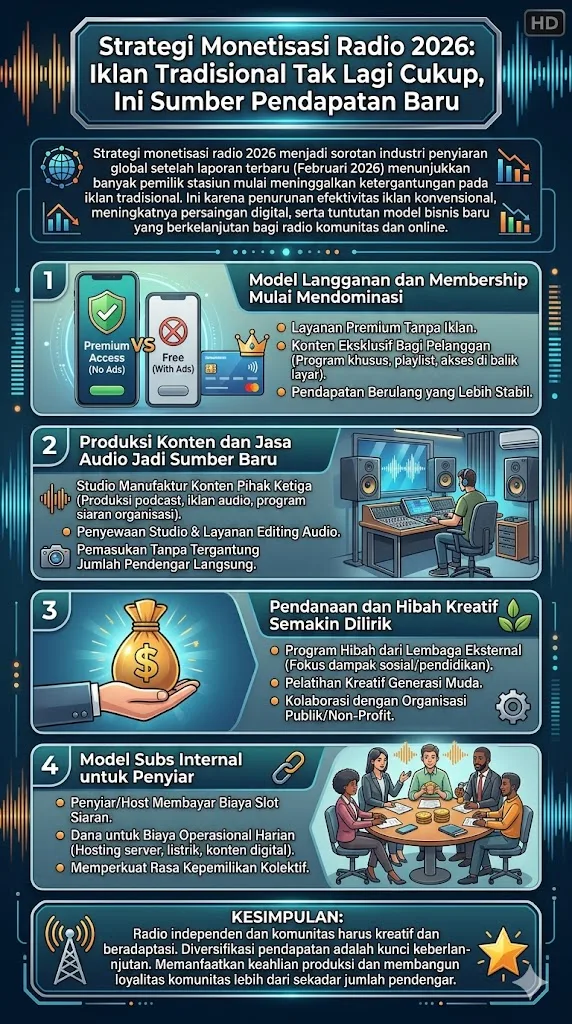 Strategi monetisasi radio 2026 menjadi sorotan industri penyiaran global setelah laporan terbaru pada Februari 2026 menunjukkan bahwa banyak pemilik stasiun radio mulai meninggalkan ketergantungan pada iklan tradisional.