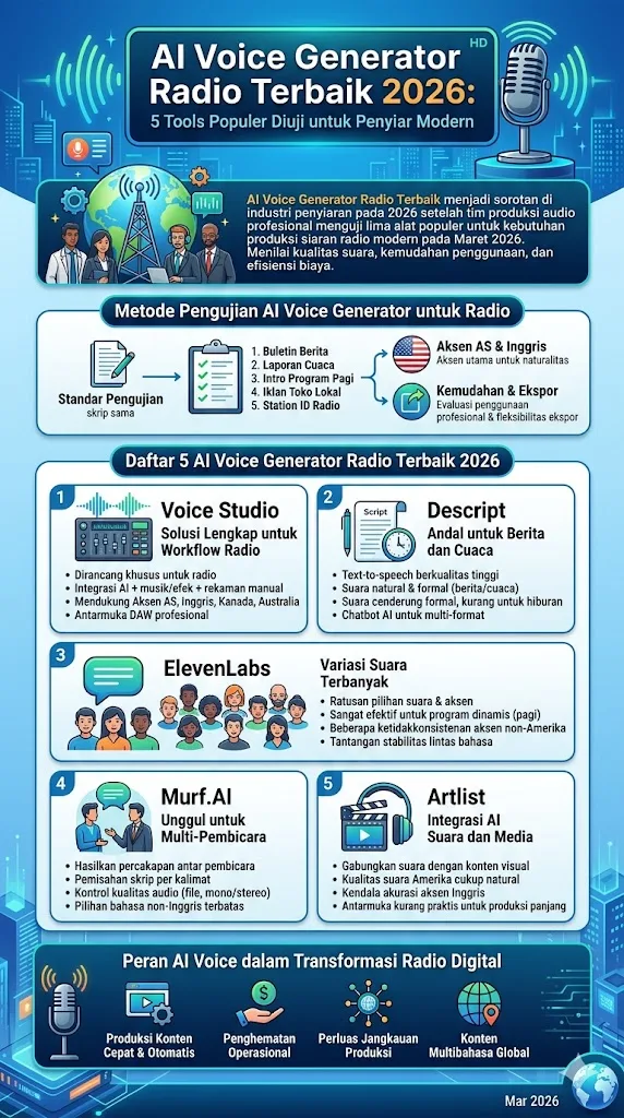 AI Voice Generator Radio Terbaik menjadi sorotan di industri penyiaran pada 2026 setelah sejumlah platform teknologi audio menguji lima alat populer untuk kebutuhan produksi siaran radio modern.